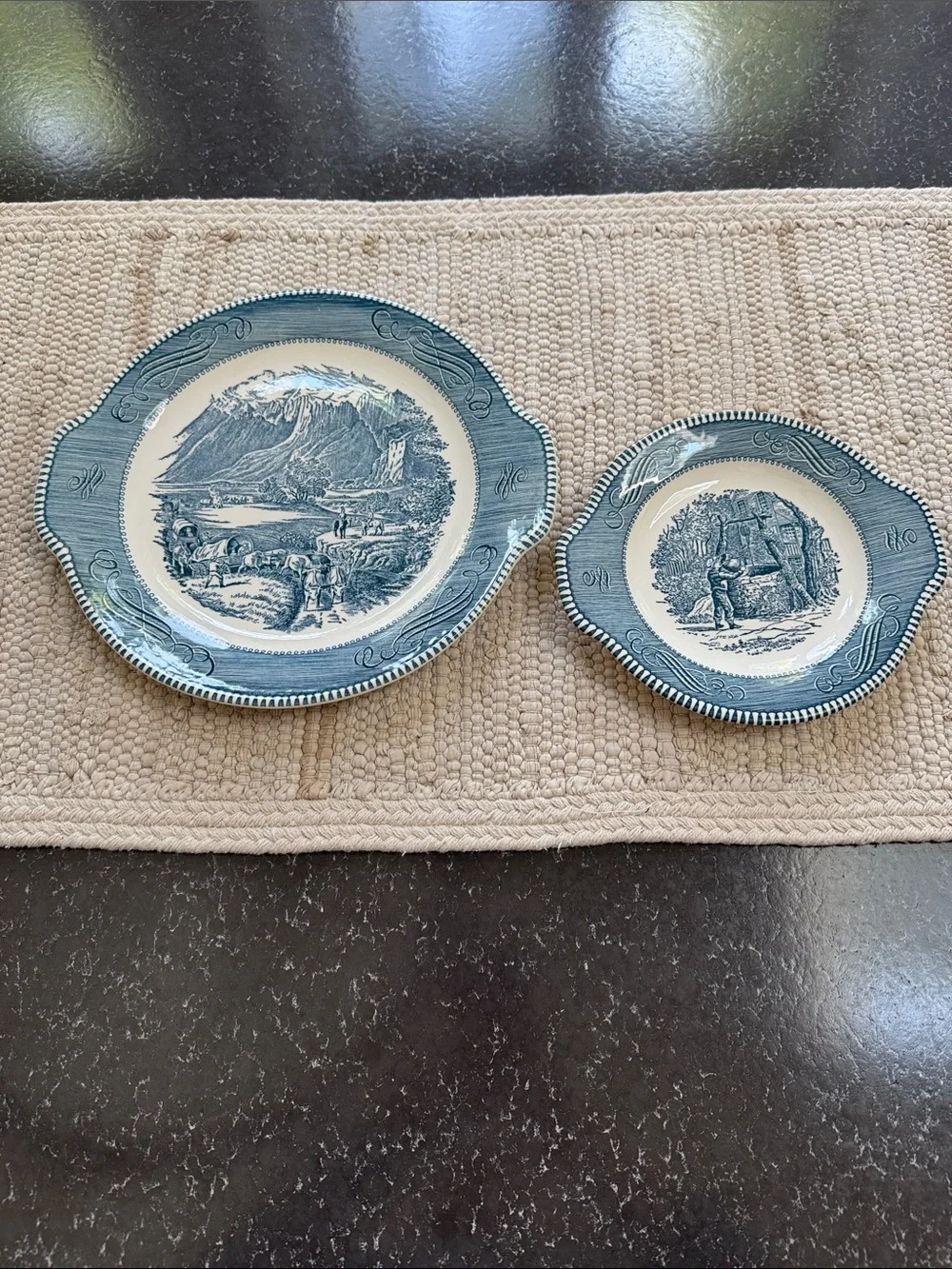 Vintage CURRIER & IVES by Royal China Scenic Transferware Ironstone - Set of 2